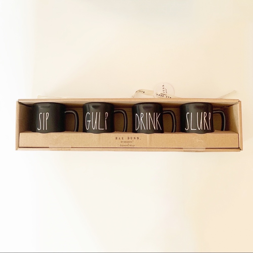 Rae Dunn Black Expresso Mugs Sip,Gulp,Drink, Slurp